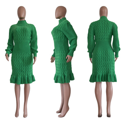 Turtleneck CAable Knit Ruffle Hem Midi Dress