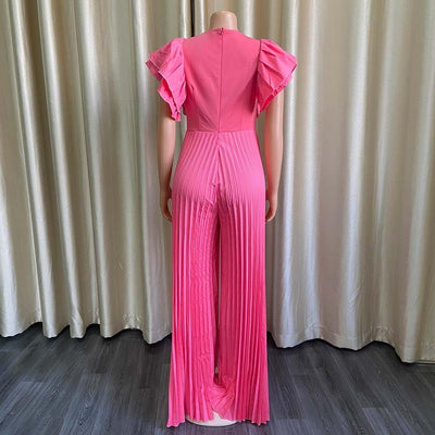 Pleated V-Neck Wide Leg Long Pants Jumpsuits