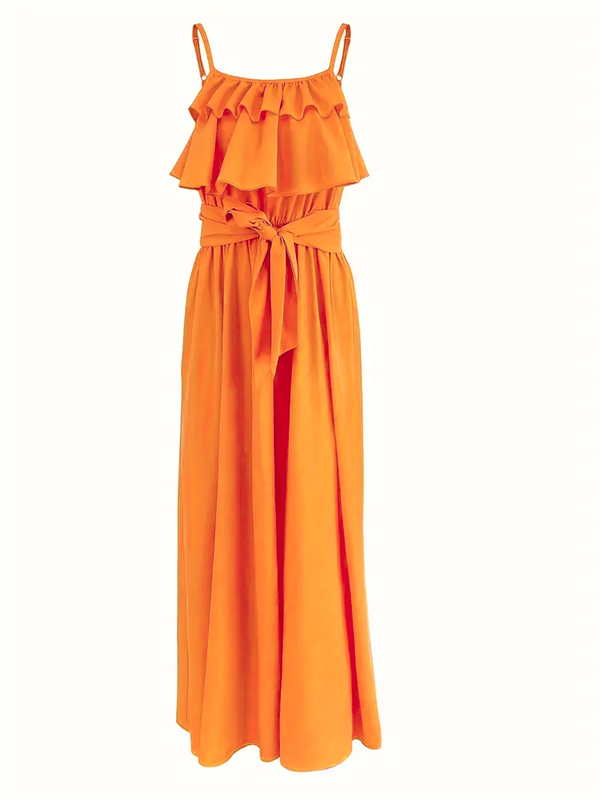 Ruffle Decor Waisted Camisole Maxi Dress