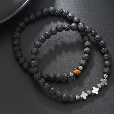 Aule Black Lava Rock Cross Beaded 2Pcs Bracelet