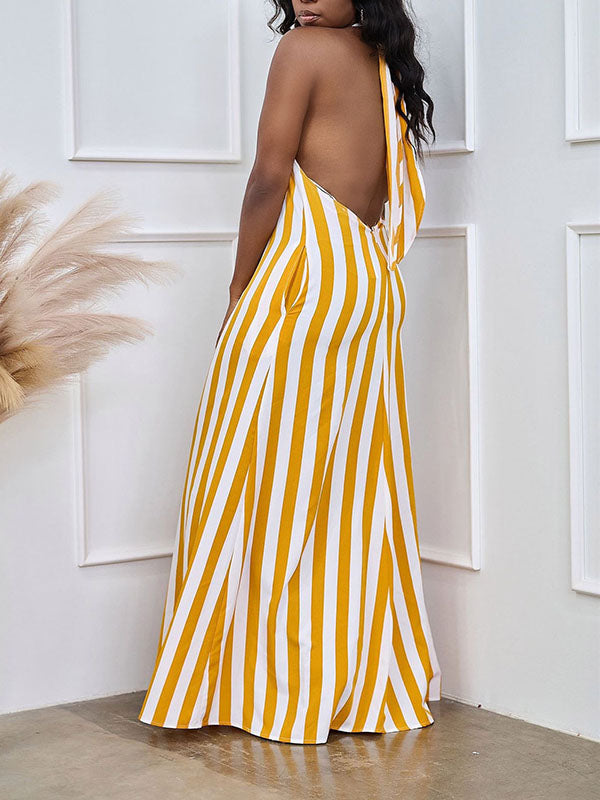 Striped Halter Backless Maxi Dress