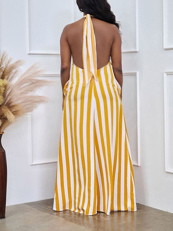 Striped Halter Backless Maxi Dress