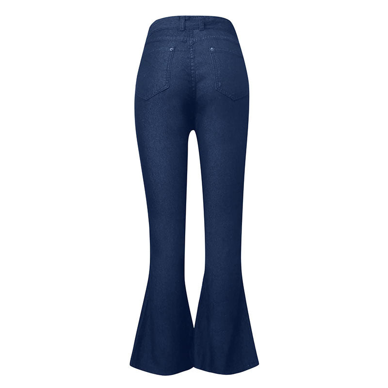 Lange Flare-Jeans mit hoher Taille und Bindeband