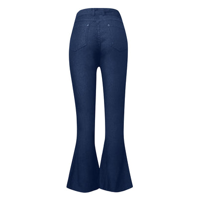 Lange Flare-Jeans mit hoher Taille und Bindeband