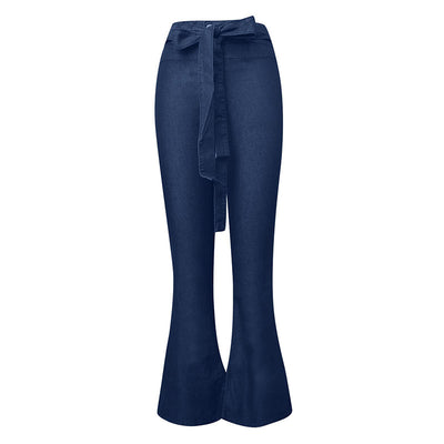 Lange Flare-Jeans mit hoher Taille und Bindeband