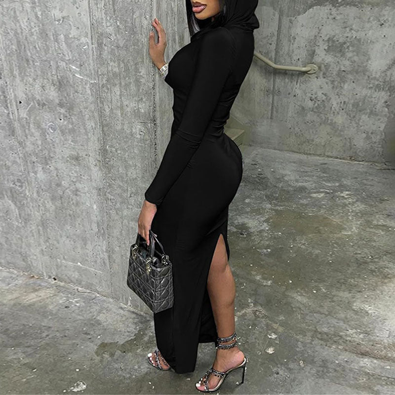 Solid Split Maxi Hooded Dress