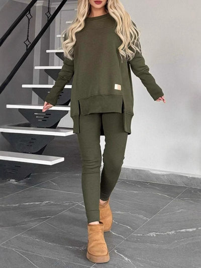 Crew Neck Split Hem Sweatshirt Set