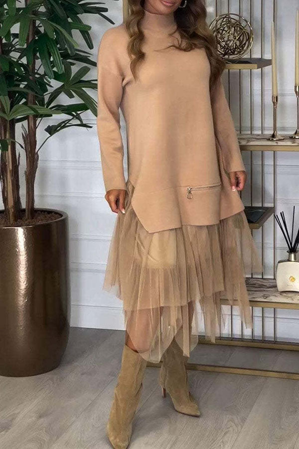 Mesh Patchwork Long Sleeve Midi Dress