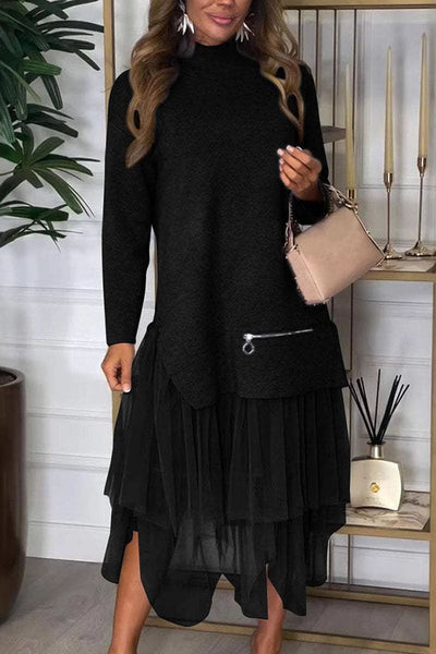 Mesh Patchwork Long Sleeve Midi Dress