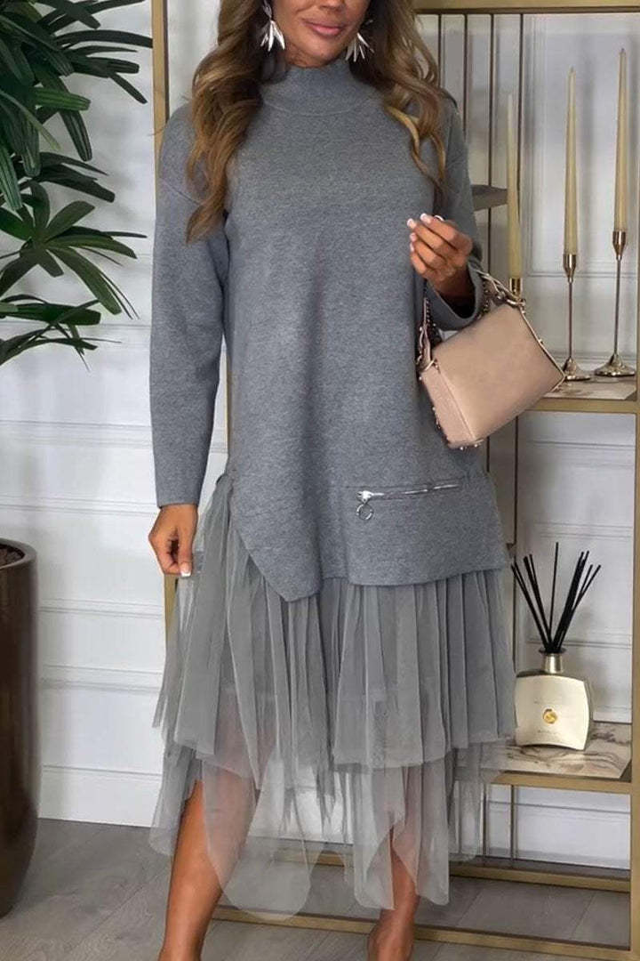 Mesh Patchwork Long Sleeve Midi Dress