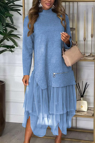 Mesh Patchwork Long Sleeve Midi Dress