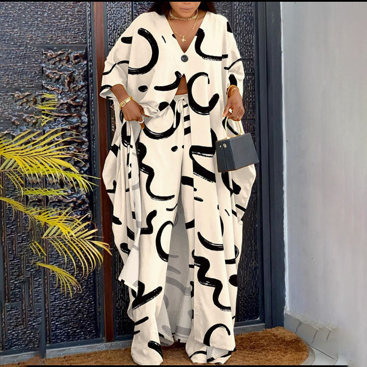 Figure Printed Long Cardigan Long Pants Set