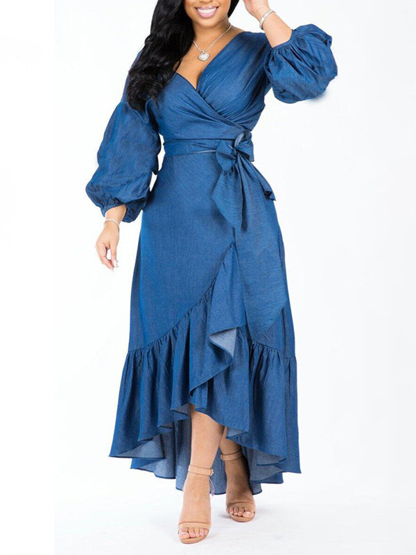 Ruffle Wraped Denim Knot Side Maxi Dress