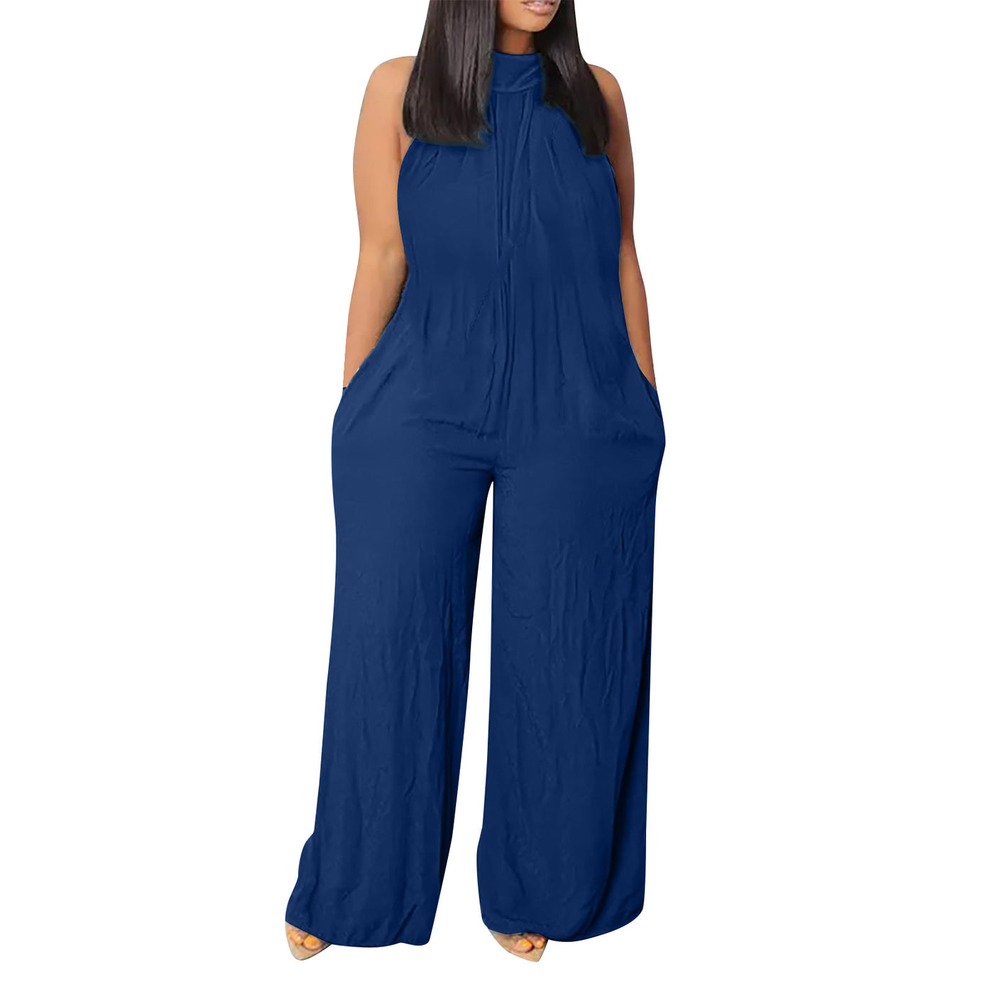 Ärmelloser Jumpsuit aus Baumwollleinen mit Rollkragen