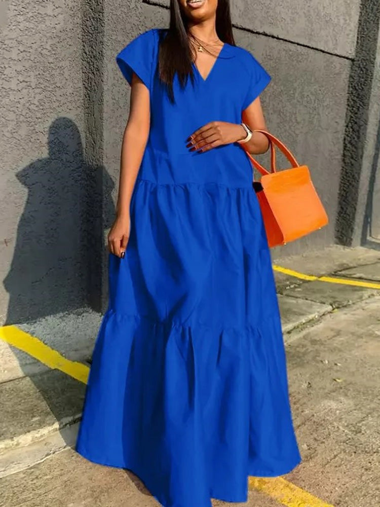 Short Sleeve V-Neck Tiered Maxi Dress