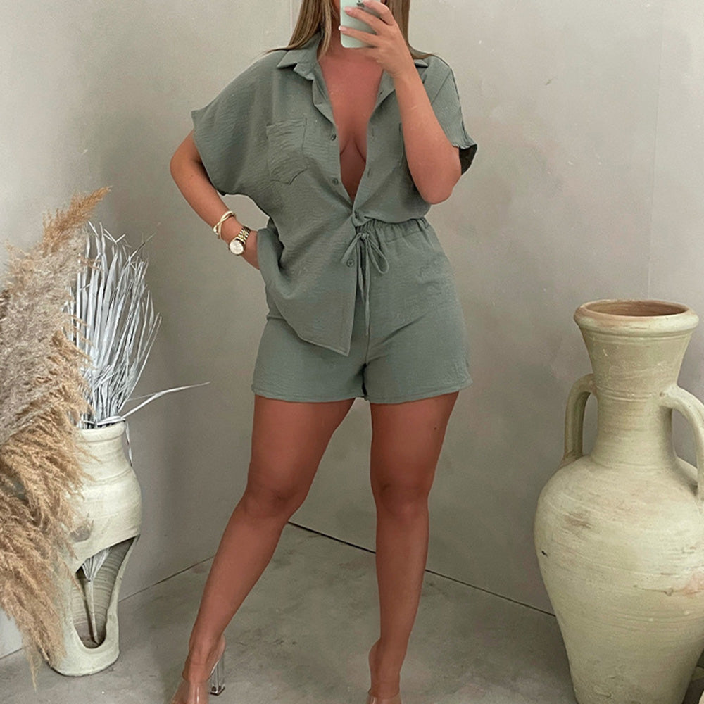 Linen Short Sleeve Shirt Shorts Set