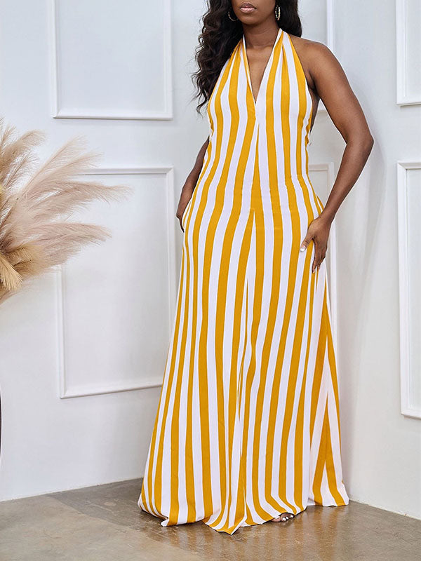 Striped Halter Backless Maxi Dress