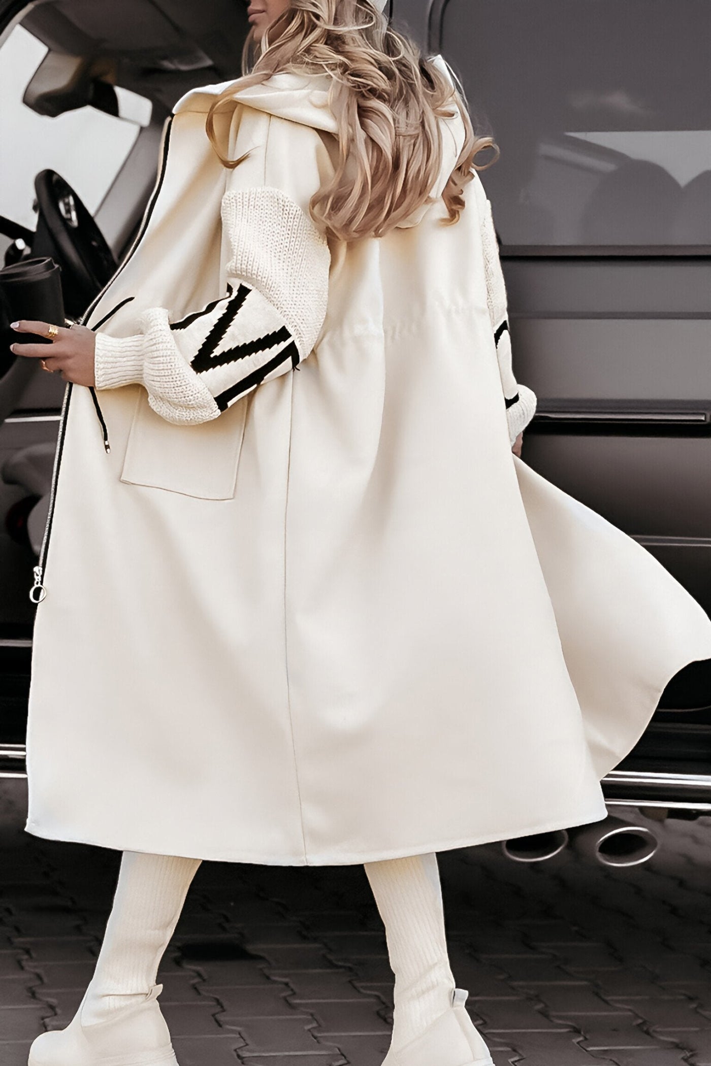 Patchwork Hooded Zip Up Long Coat