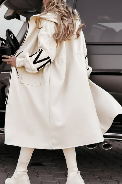 Patchwork Hooded Zip Up Long Coat