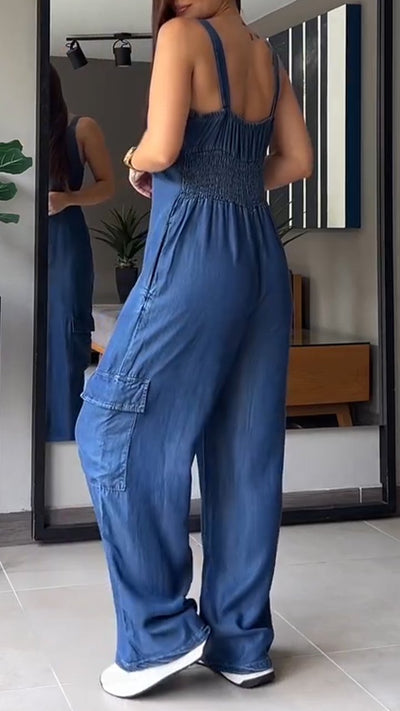 V-neck Pockets Tank Cotton Denim Jumpsuits