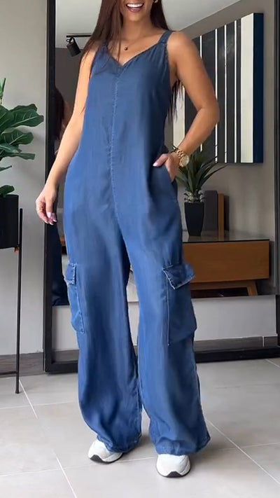 V-neck Pockets Tank Cotton Denim Jumpsuits