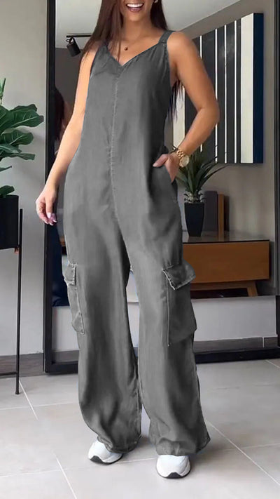 V-neck Pockets Tank Cotton Denim Jumpsuits