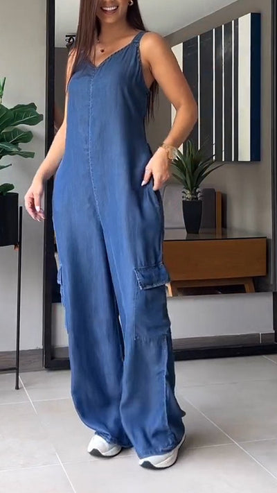 V-neck Pockets Tank Cotton Denim Jumpsuits