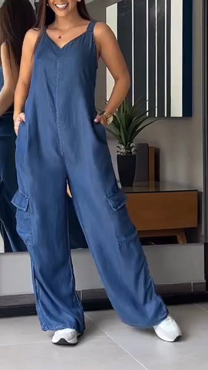 Combinaisons en denim de coton avec poches à col en V