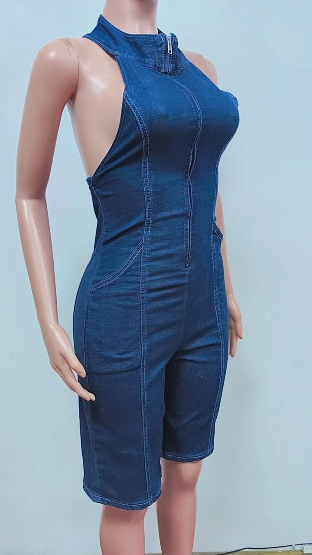 Zip Up Halter Neck Backless Denim  Rompers