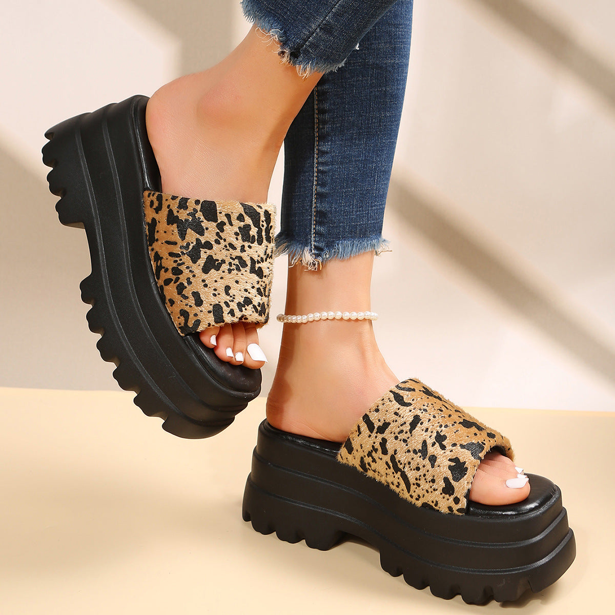 Leopard Platform Slide Sandals